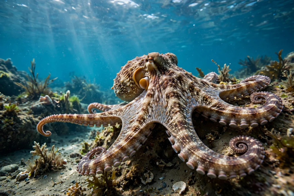 An octopus swimming in clear blue ocean water