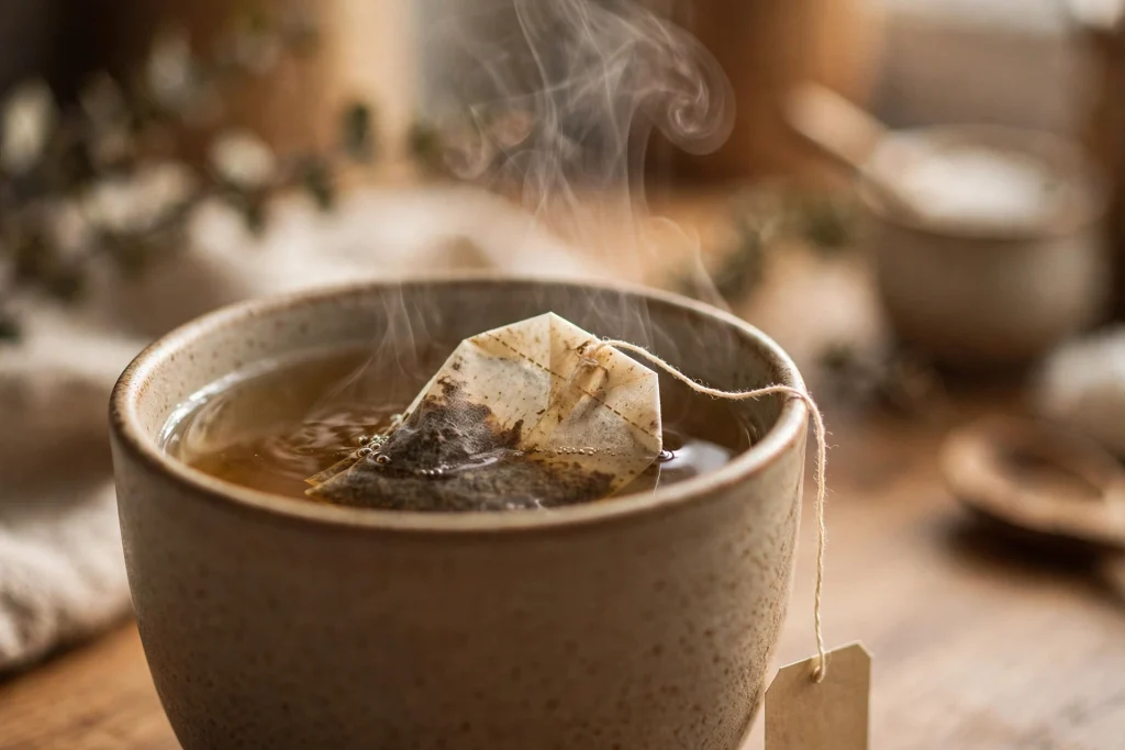 A cup of hot tea with a tea bag steeping